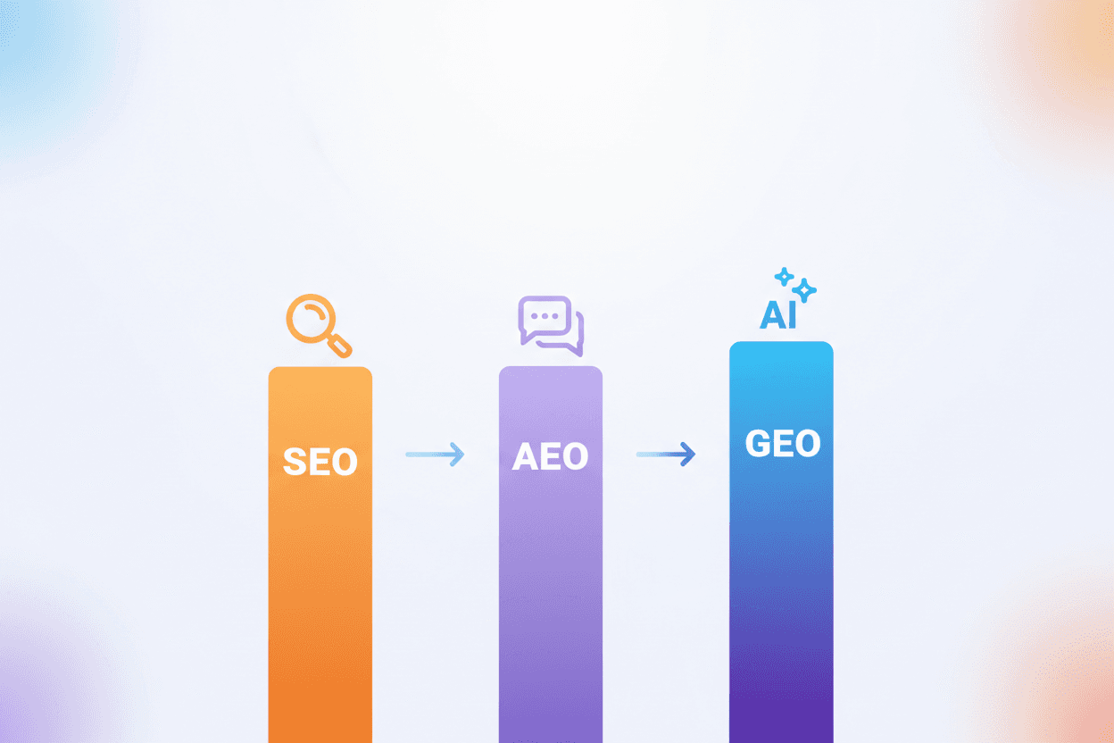 Evolution timeline showing SEO transitioning to AEO and GEO frameworks