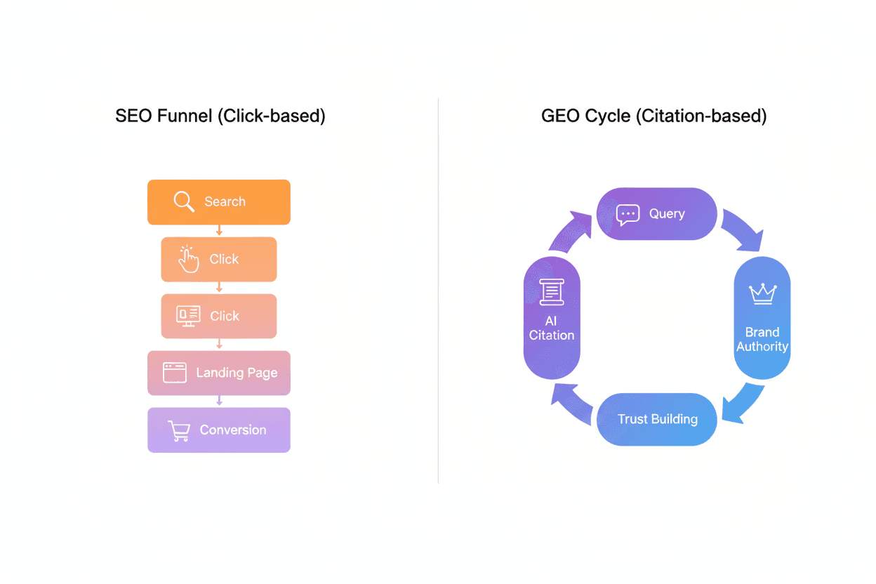Technical comparison of SEO funnel versus GEO citation cycle