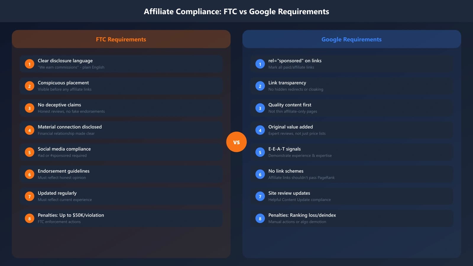 Compliance framework showing two pillars: FTC requirements (disclosure placement, clarity, language) and Google requirements (rel sponsored, link transparency, quality guidelines)