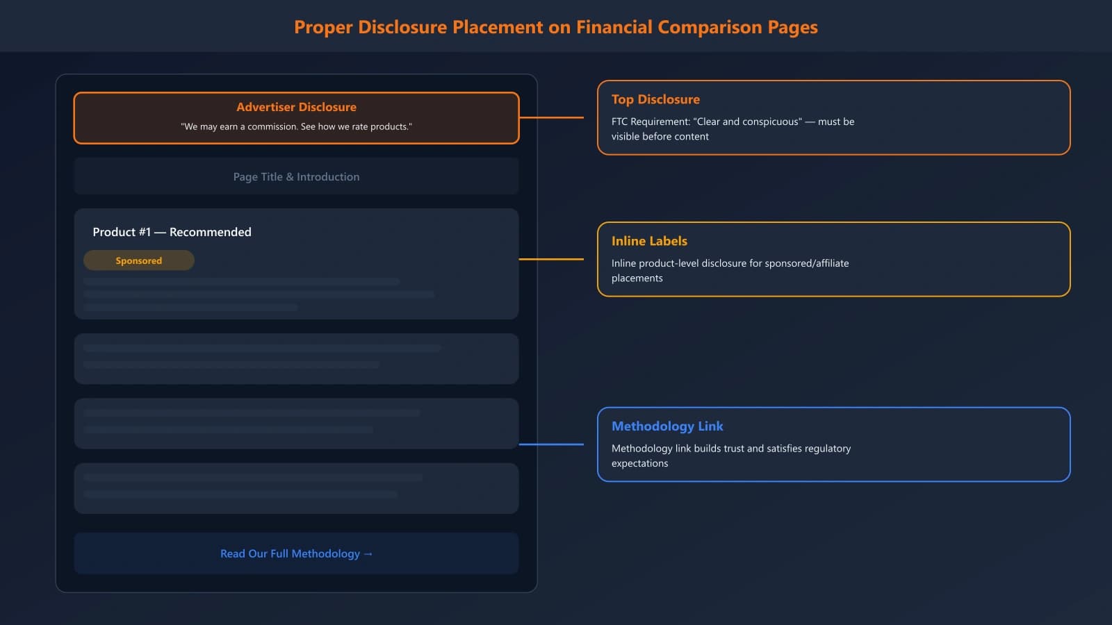 Screenshot showing proper disclosure placement at the top of a financial comparison page, with annotations explaining FTC requirements for clear and conspicuous disclosure