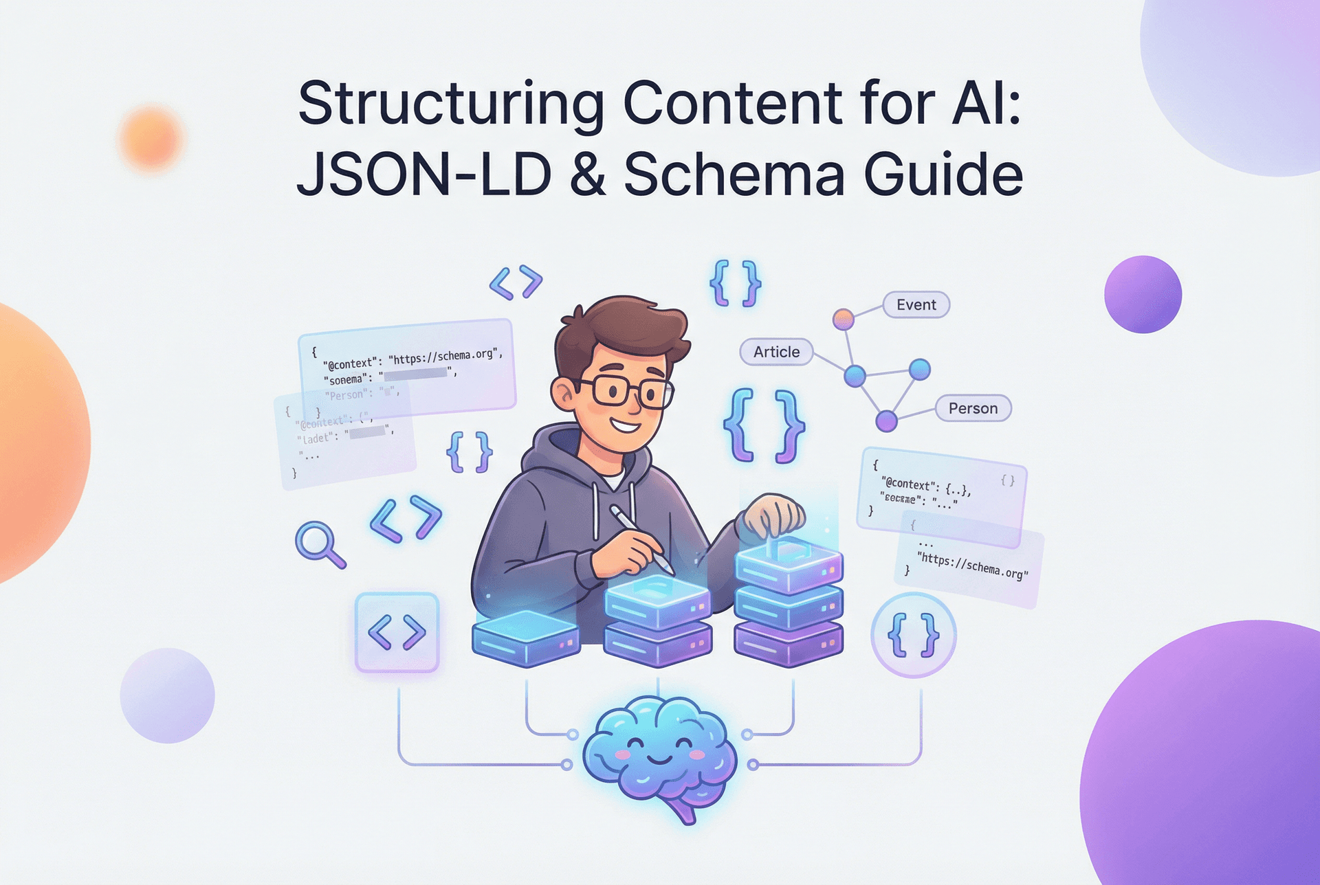 Visualization of raw JSON-LD code transforming into a clean Knowledge Graph entity node