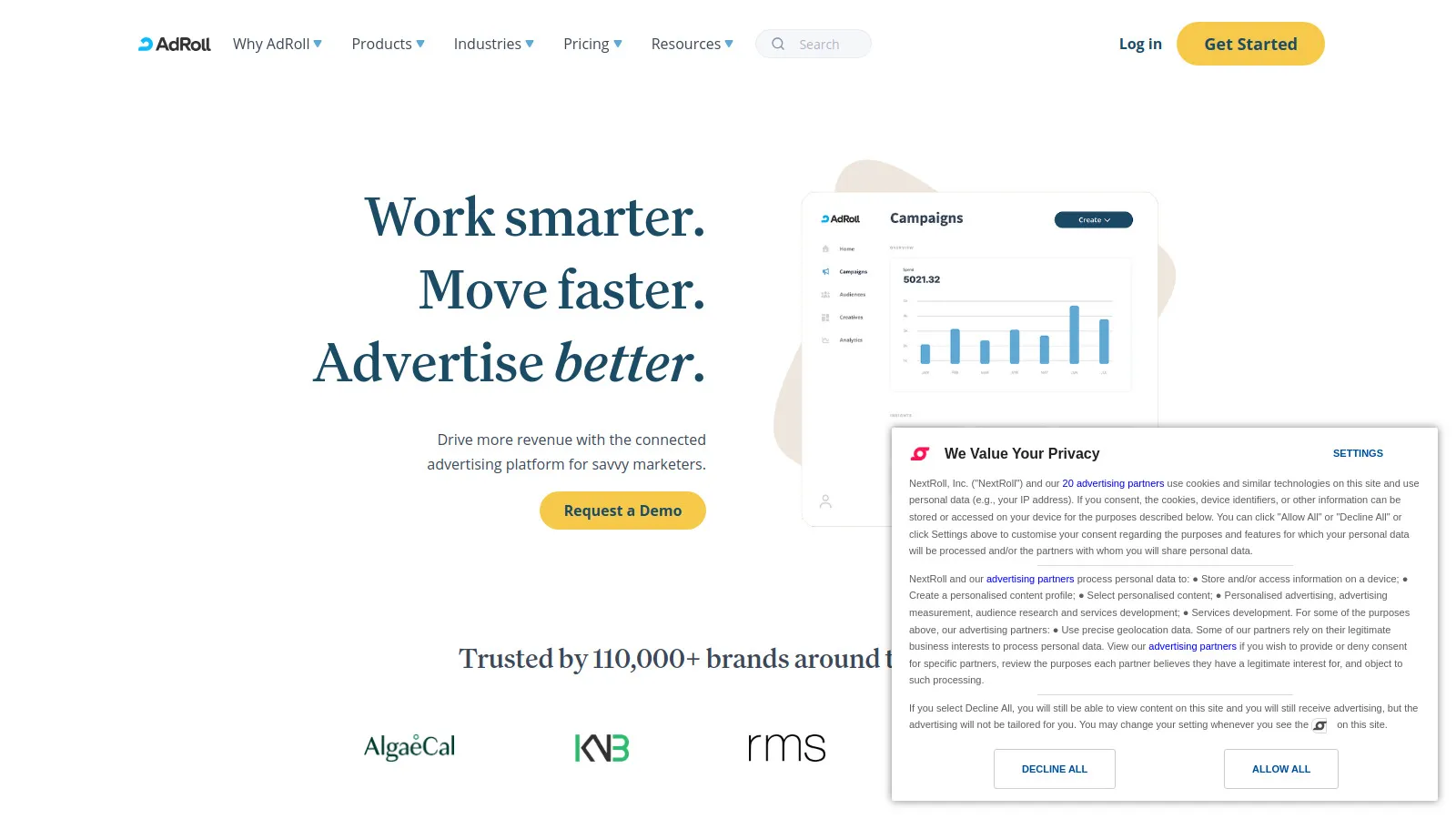AdRoll dashboard showing cross-channel retargeting campaign performance and audience segments