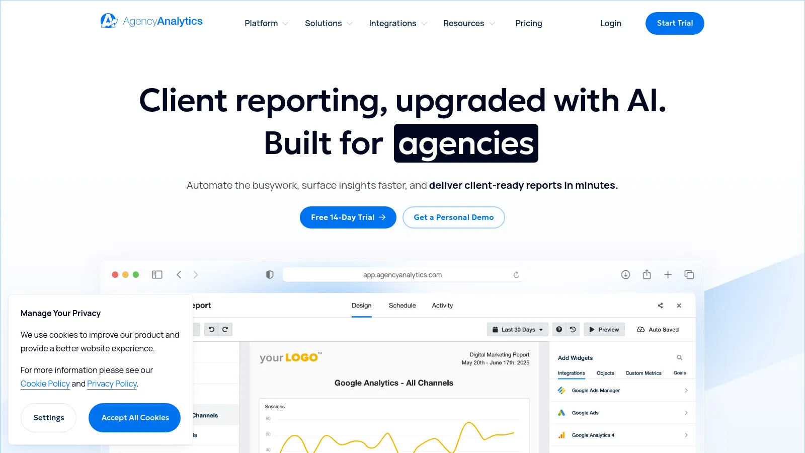 AgencyAnalytics white-label dashboard showing unified marketing metrics