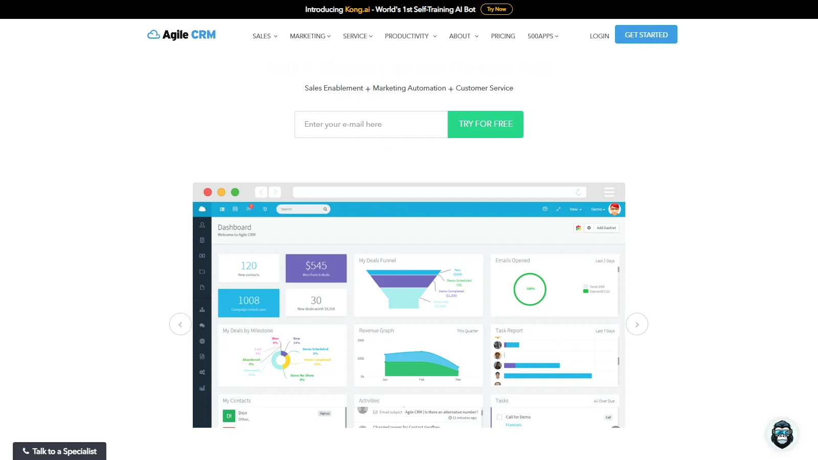 Agile CRM showing email campaign builder and landing page tools on free tier