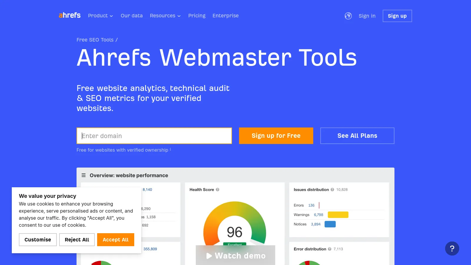 Ahrefs Webmaster Tools showing free backlink data and site audit