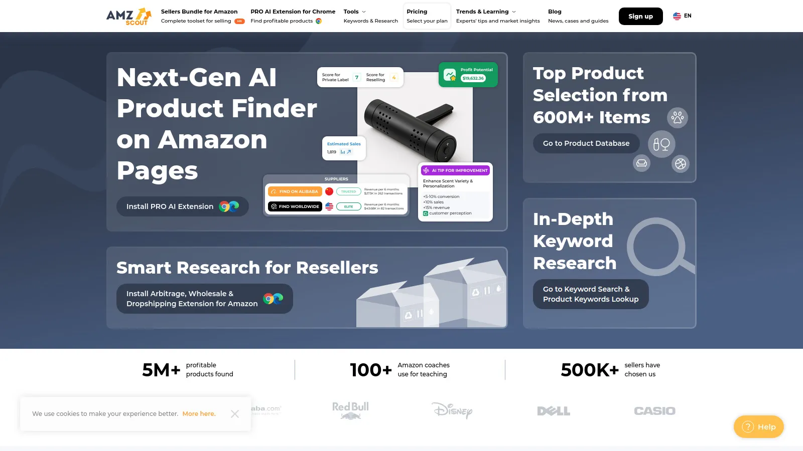 AMZScout Chrome extension showing instant product analysis on Amazon