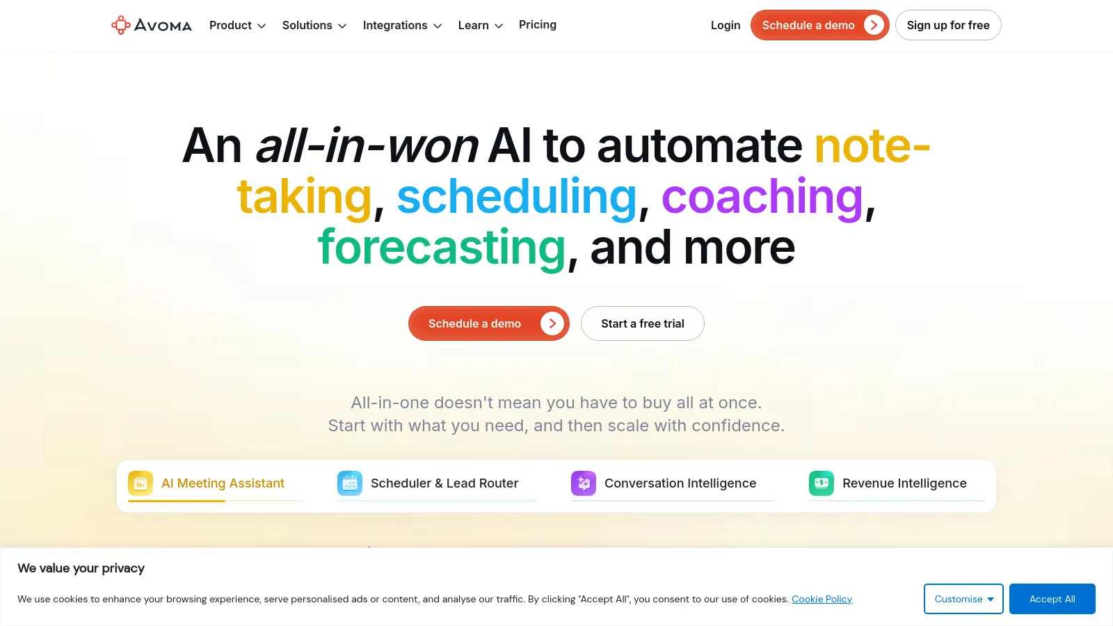 Avoma meeting lifecycle platform showing AI notes and revenue intelligence