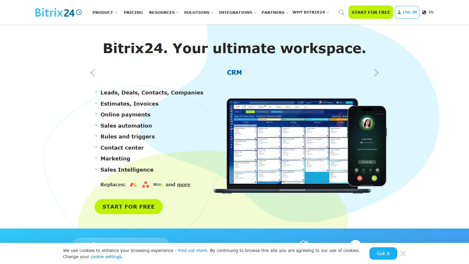 Bitrix24 free workspace showing CRM, project management, and team collaboration