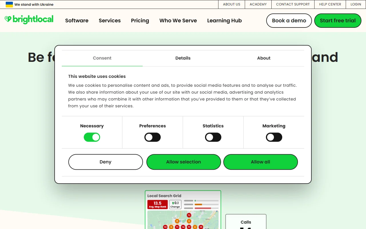 BrightLocal platform showing local rank tracking with citation and review management