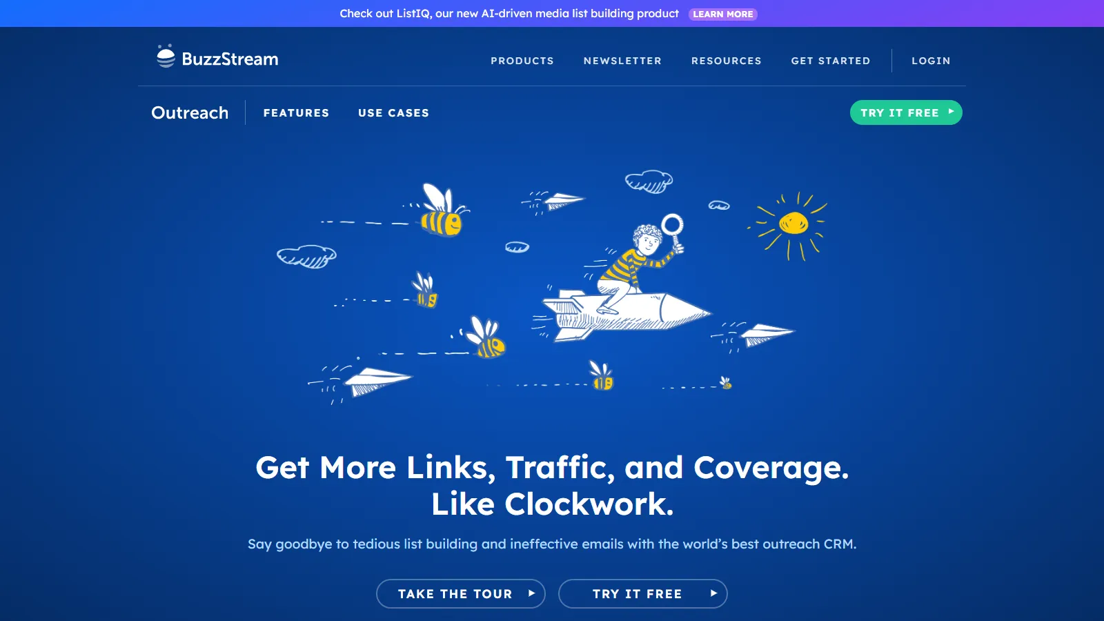 BuzzStream CRM showing broken link outreach pipeline and follow-up automation