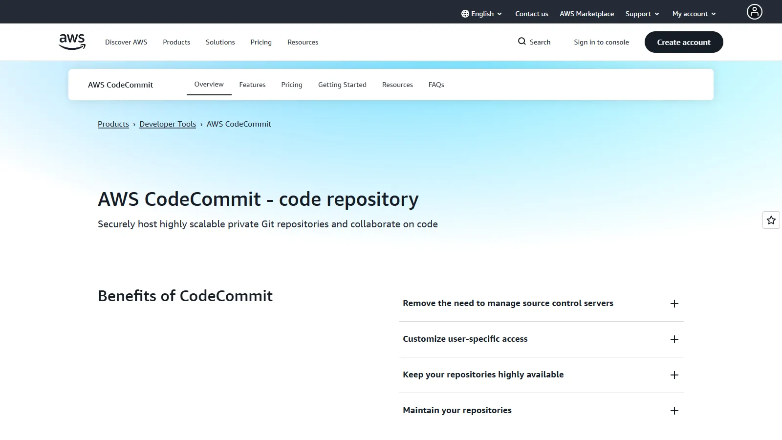 AWS CodeCommit console