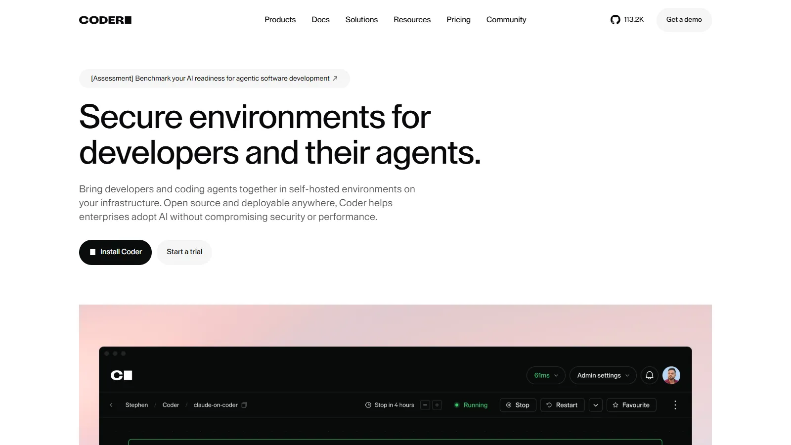 Coder showing self-hosted deployment dashboard with workspace templates