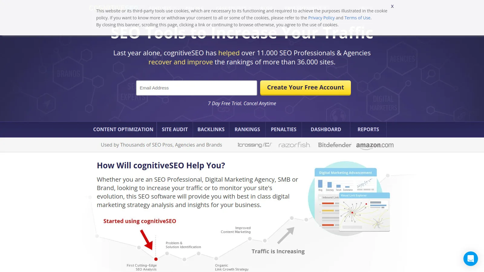 CognitiveSEO toxic link detection showing risk scores and penalty recovery tools
