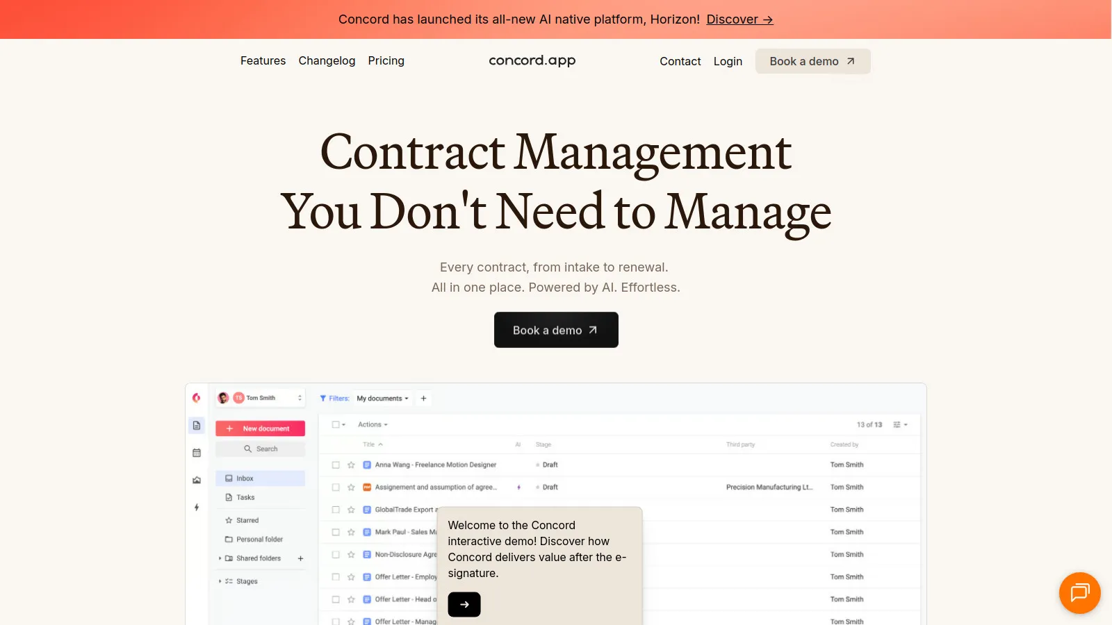 Concord contract management interface