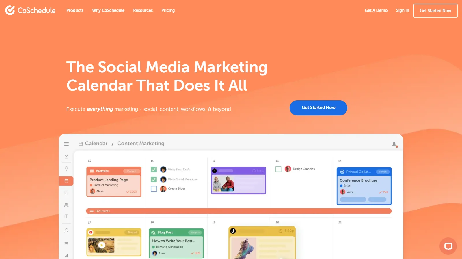 CoSchedule marketing calendar showing blog posts, social media, and campaigns