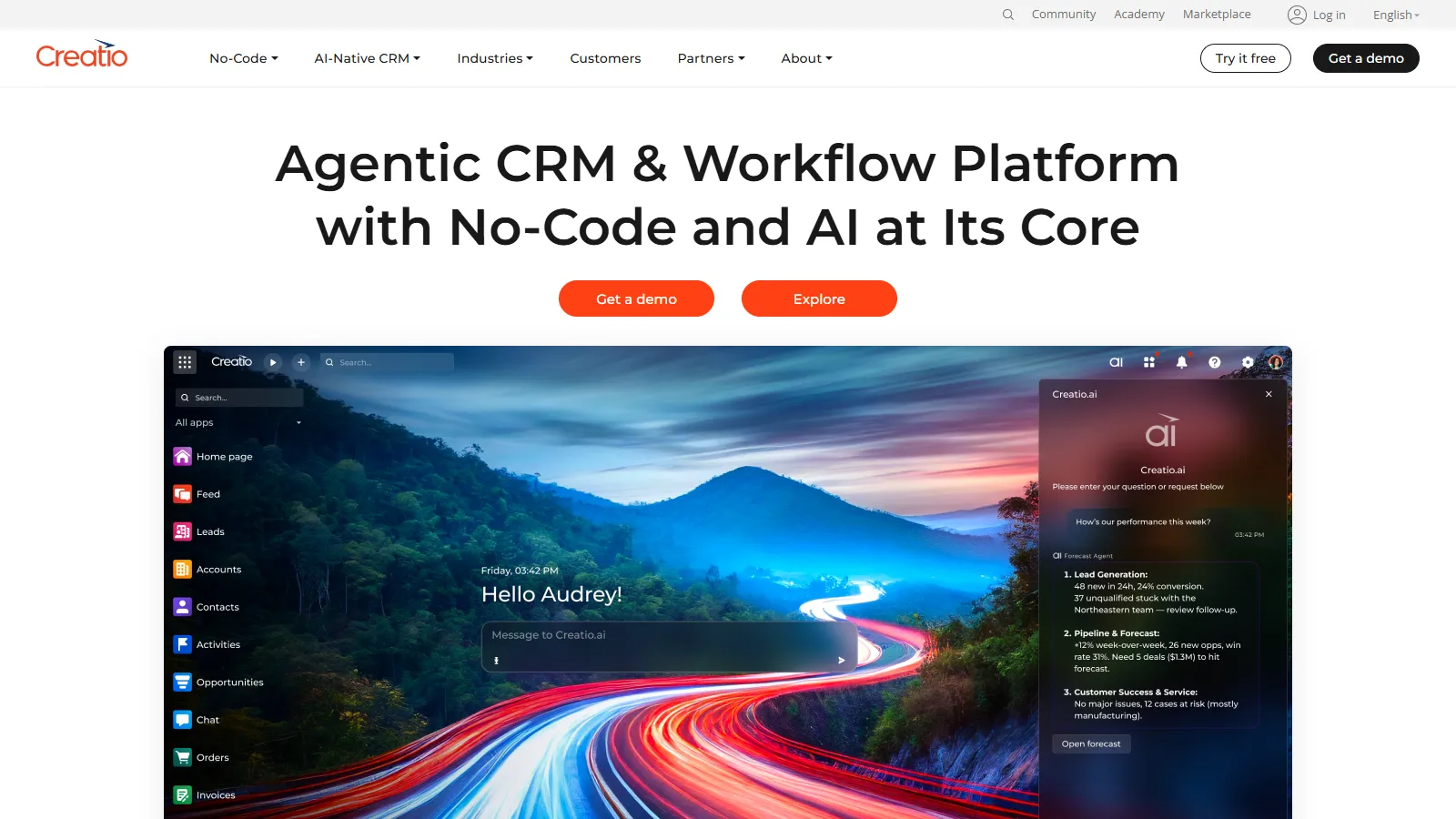 Creatio showing no-code process designer, sales pipeline, and AI recommendations