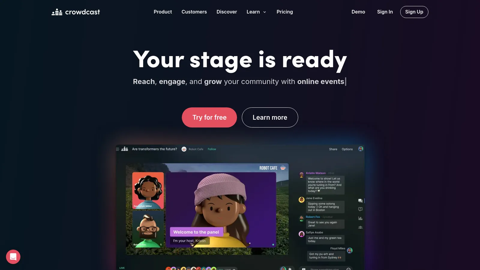 Crowdcast community webinar platform showing series and audience engagement