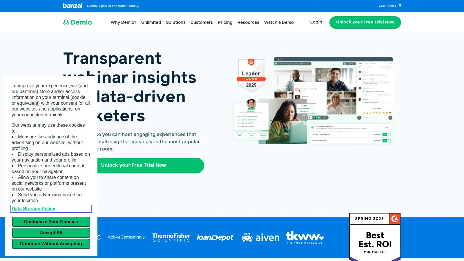 Demio webinar platform showing registration page and engagement features