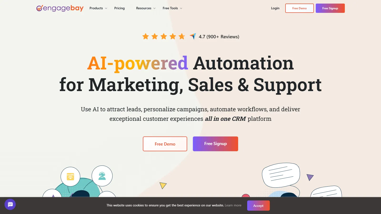 EngageBay all-in-one platform showing CRM, email marketing, and help desk features