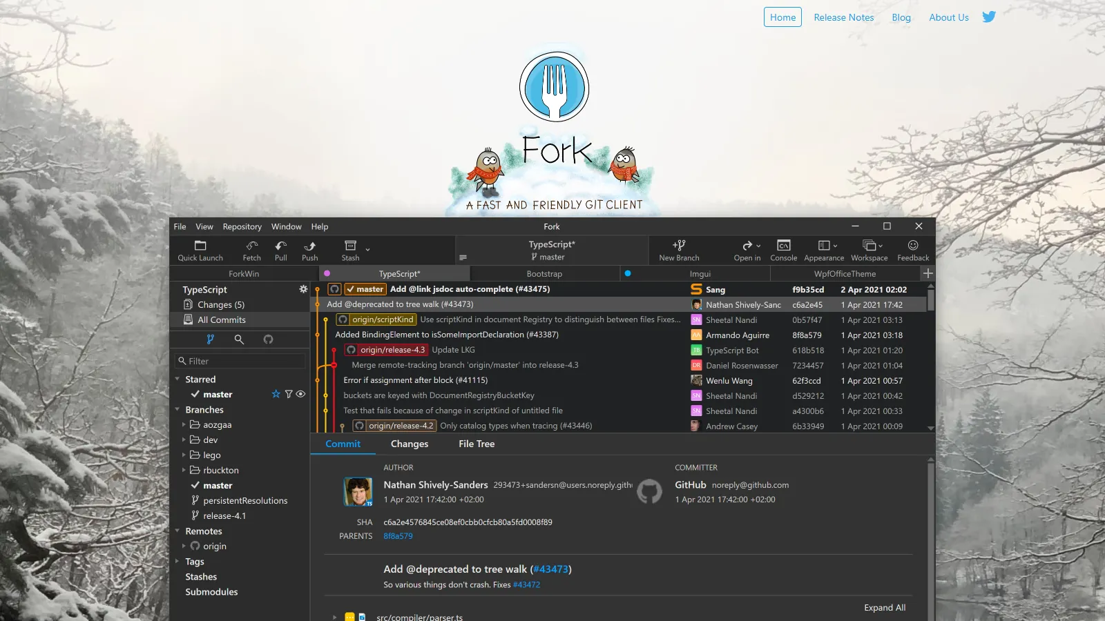 Fork showing clean interface, image diffs, and interactive rebase