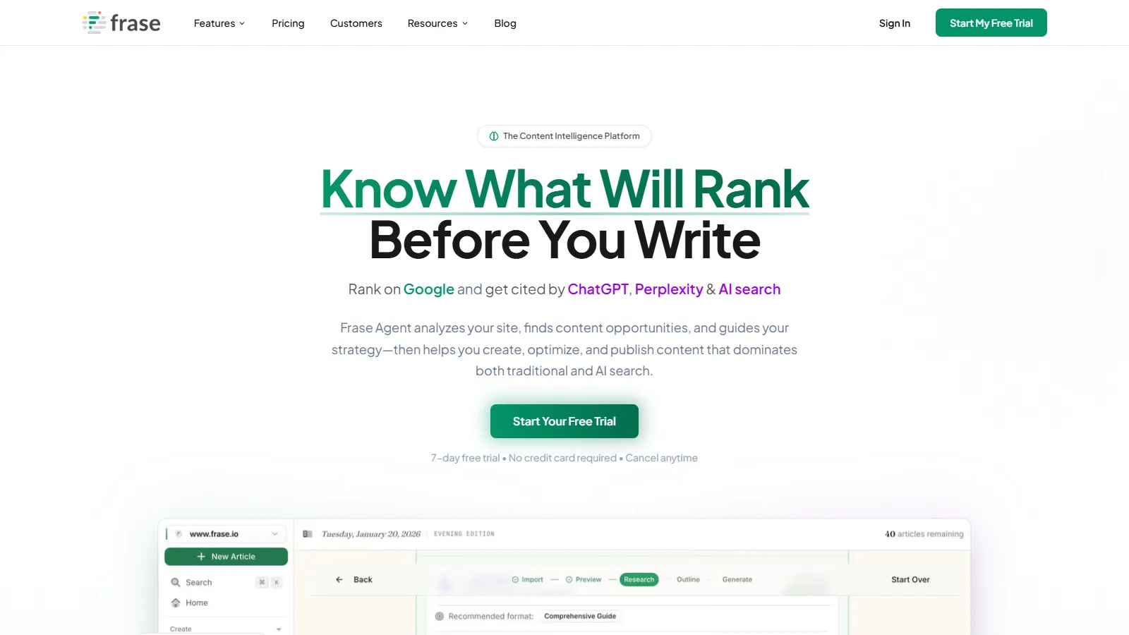 Frase homepage showing ai content briefs features