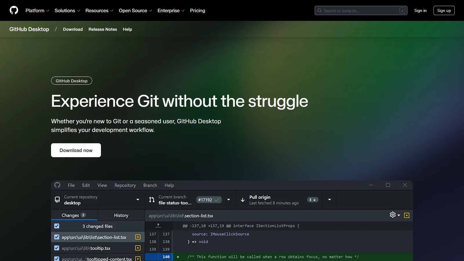 GitHub Desktop showing simple interface, branch selector, and pull request creation