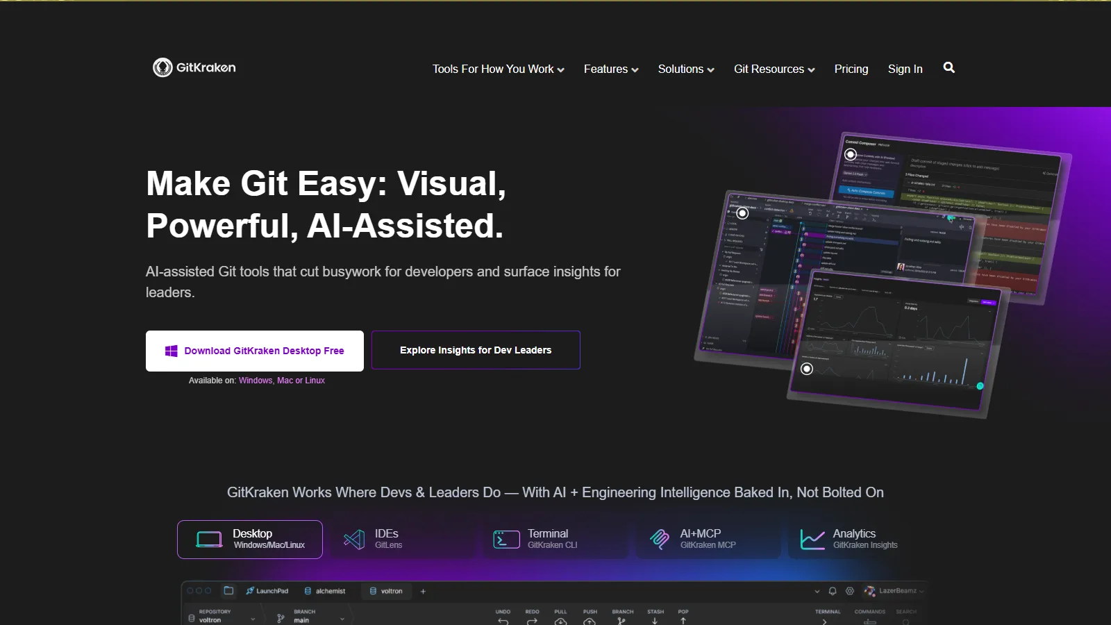 GitKraken showing visual branch graph, merge conflict tool, and GitHub integration