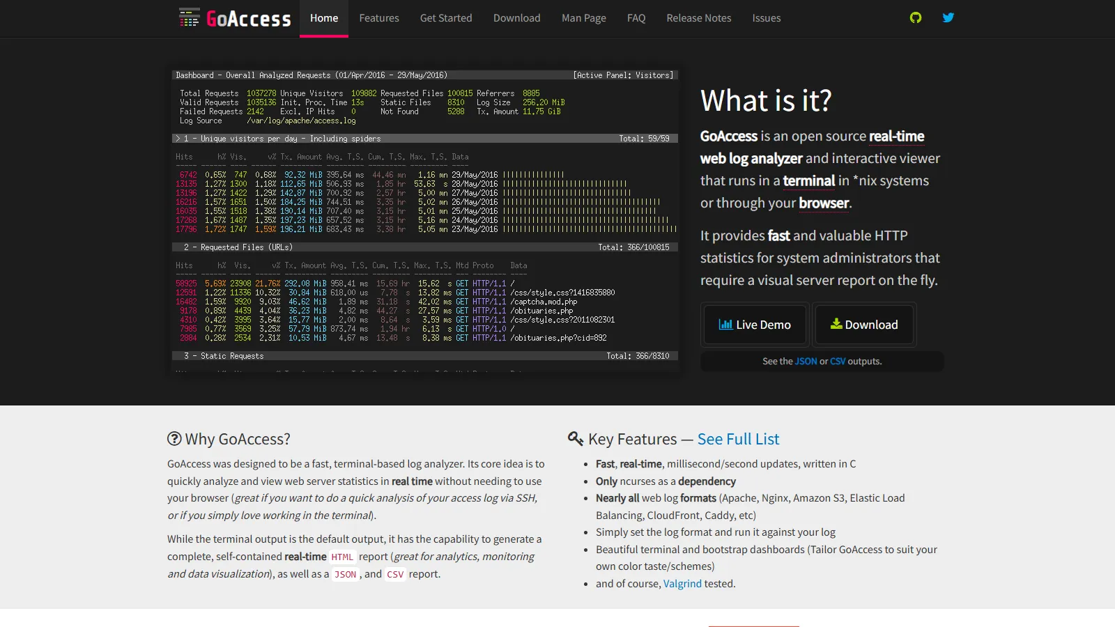 GoAccess terminal showing real-time log analysis