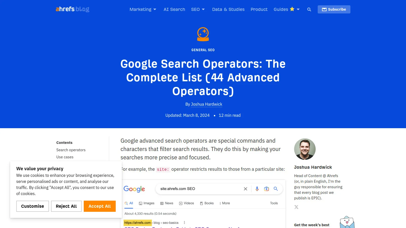 Google search operators showing guest post opportunity discovery queries