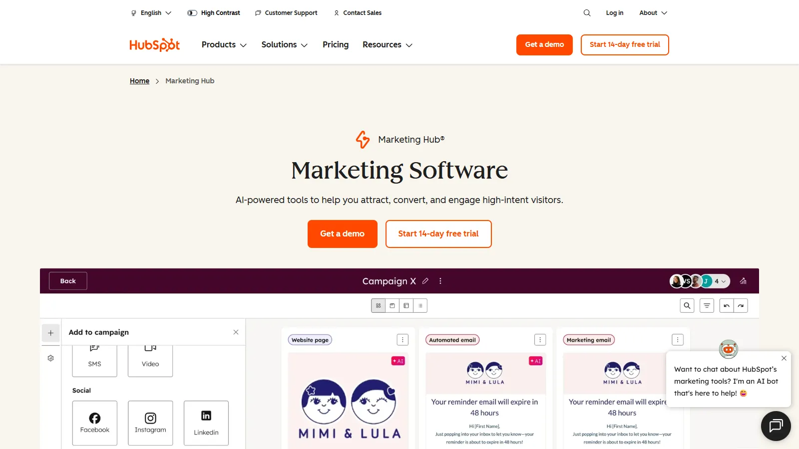 HubSpot Marketing homepage showing all-in-one features
