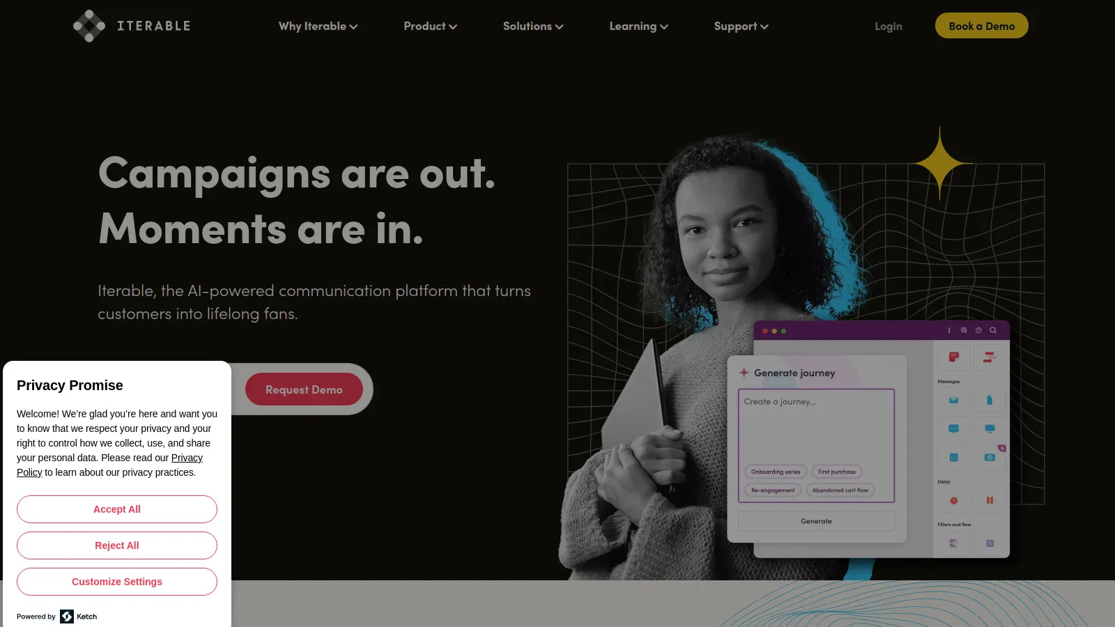 Iterable cross-channel marketing platform showing journey builder and AI optimization