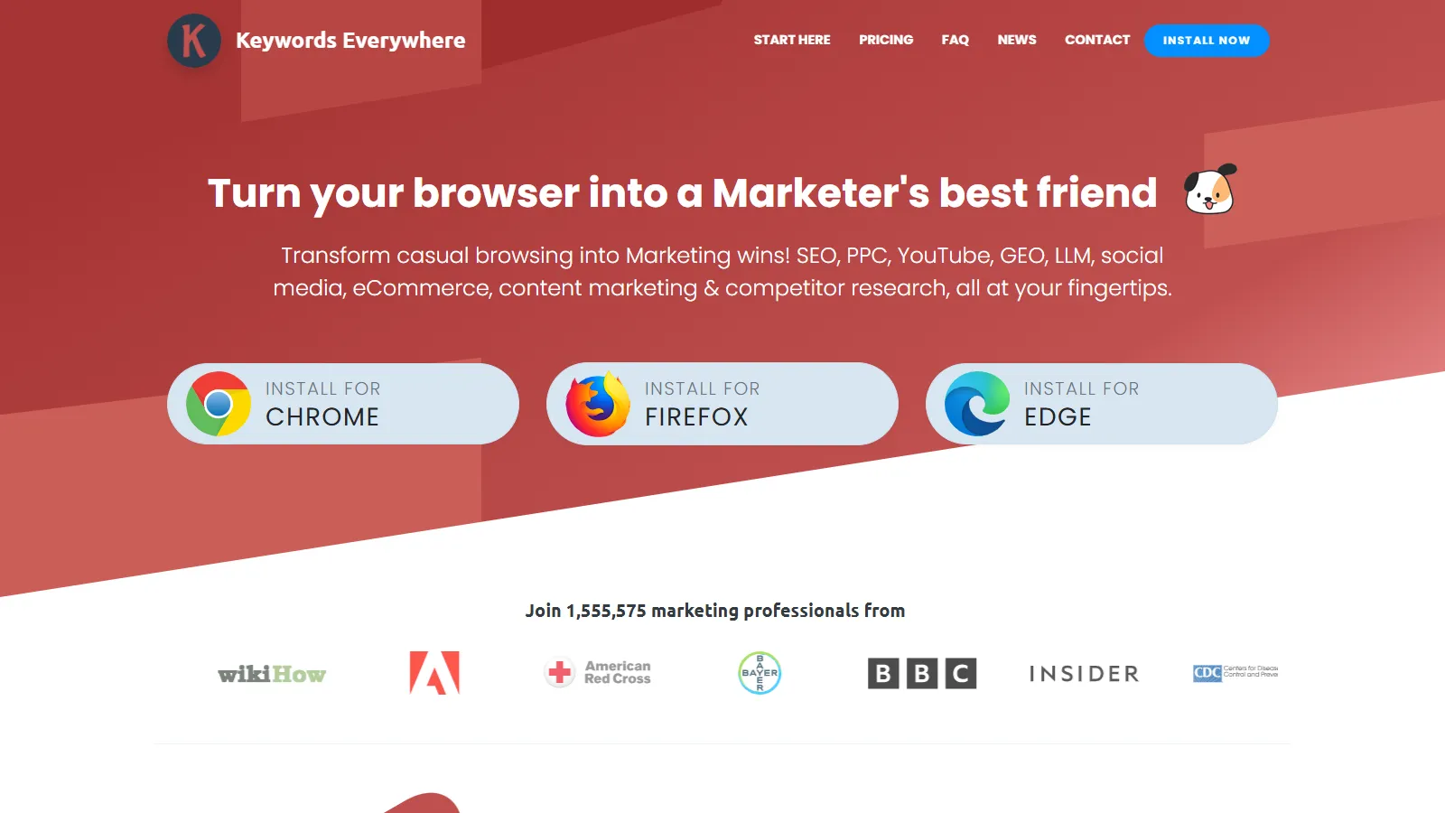 Keywords Everywhere homepage showing browser-based keyword data features