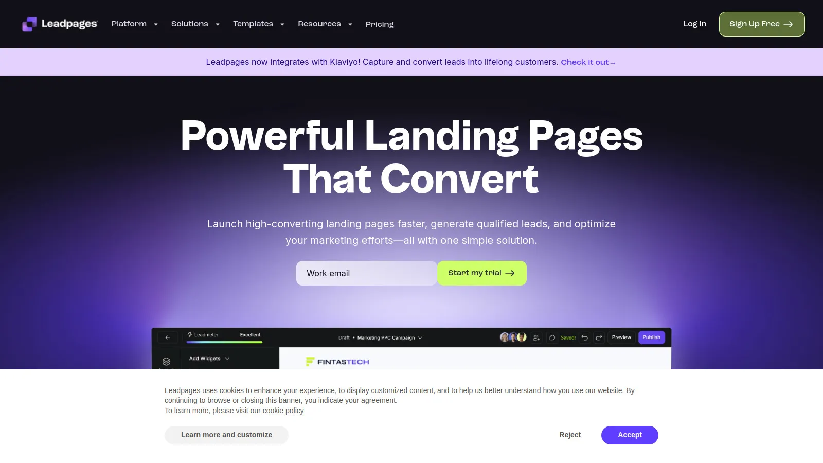 Leadpages template library and builder