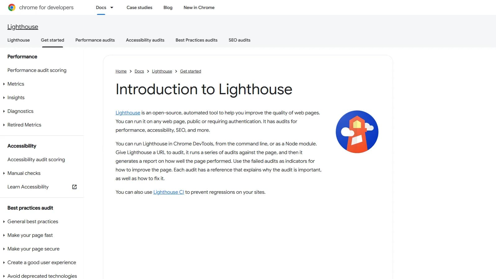 Lighthouse audit in Chrome DevTools showing performance score