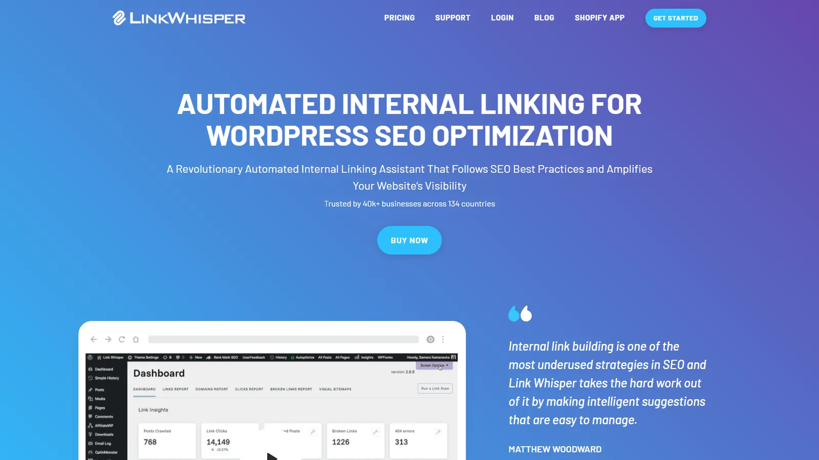 Link Whisper homepage showing wordpress auto-linking features