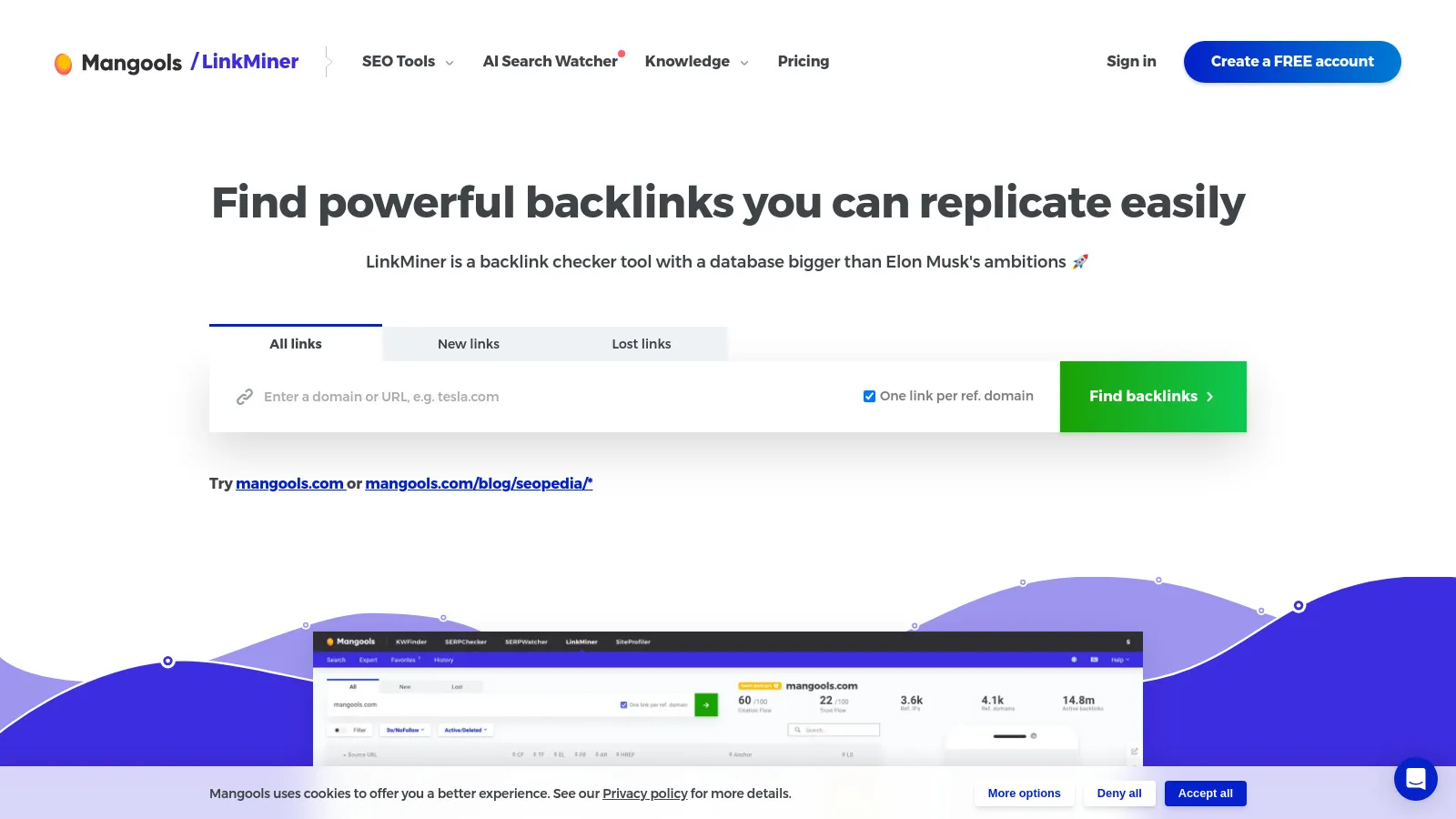 LinkMiner Chrome extension showing link strength metrics for broken links
