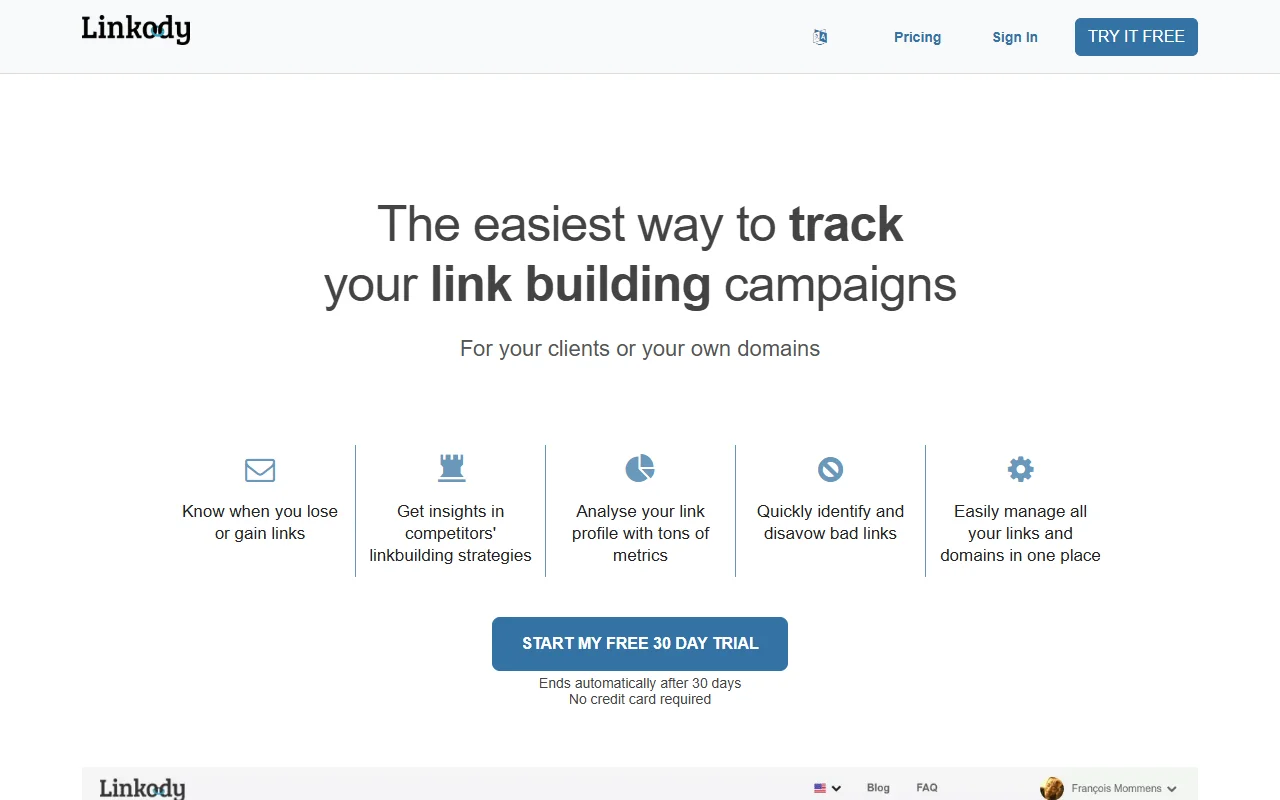 Linkody homepage showing backlink monitoring features