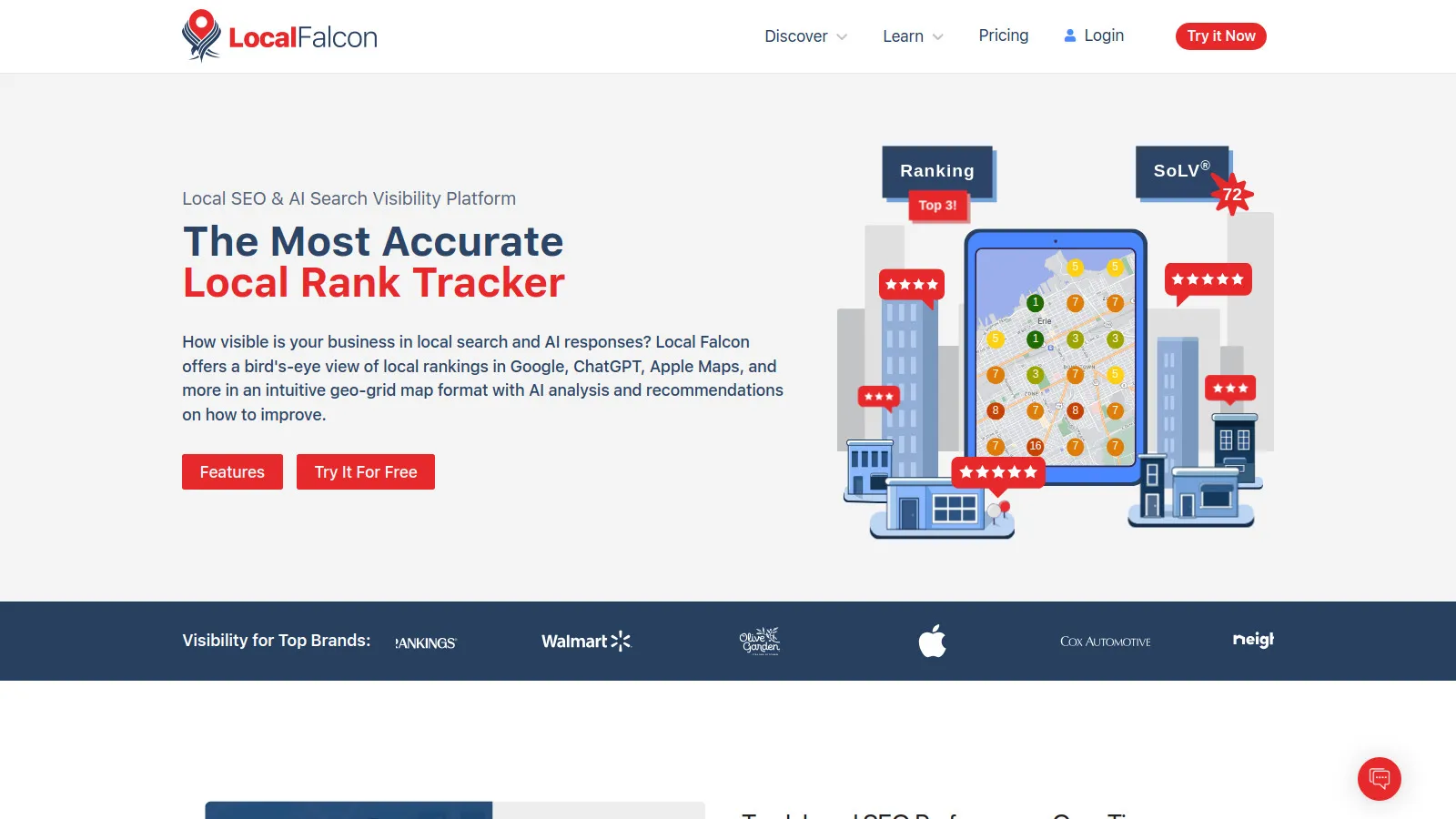 Local Falcon grid heatmap showing local pack rankings by geographic coordinates