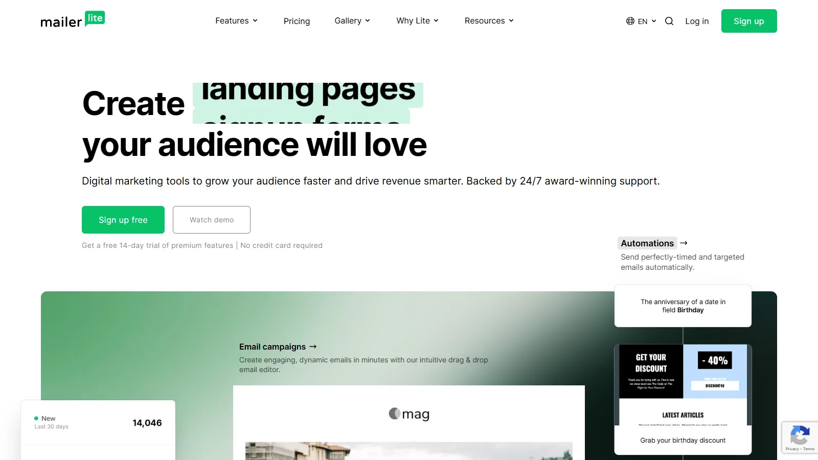 MailerLite homepage showing simplicity features