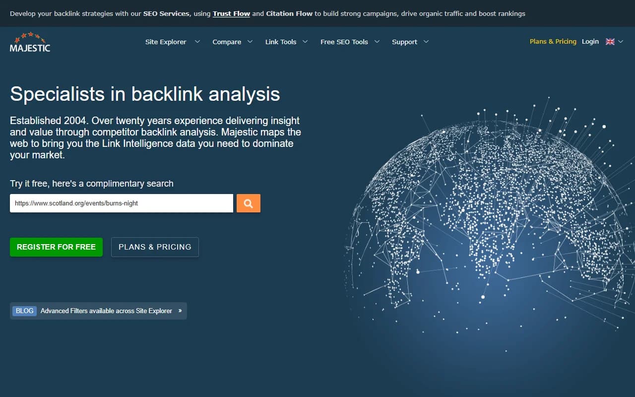 Majestic homepage showing trust flow metrics features