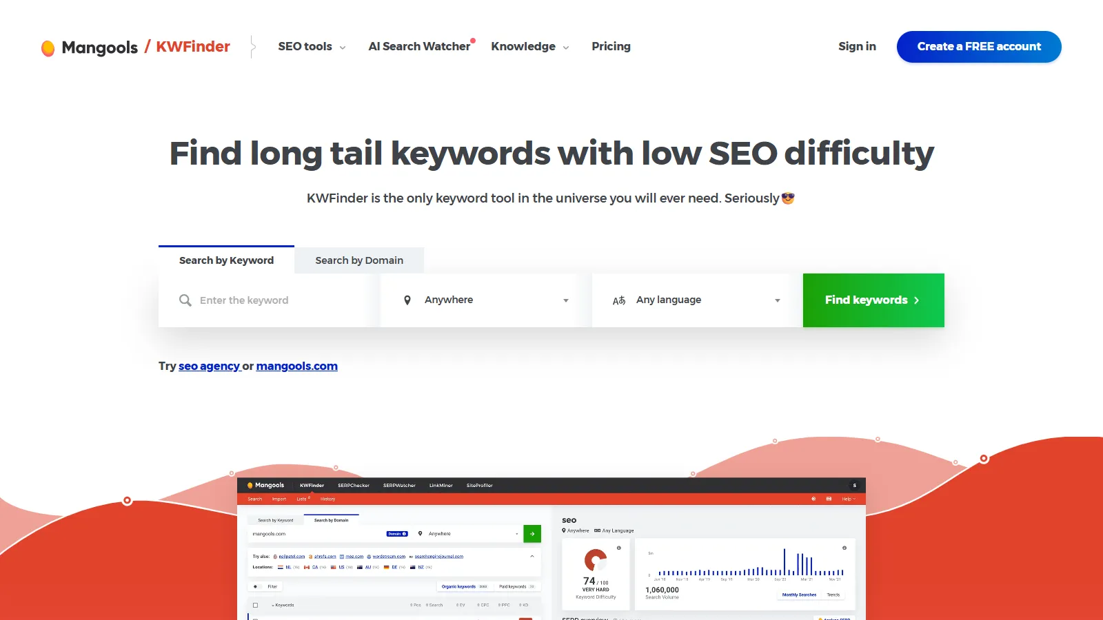Mangools KWFinder homepage showing beginner-friendly keyword research features