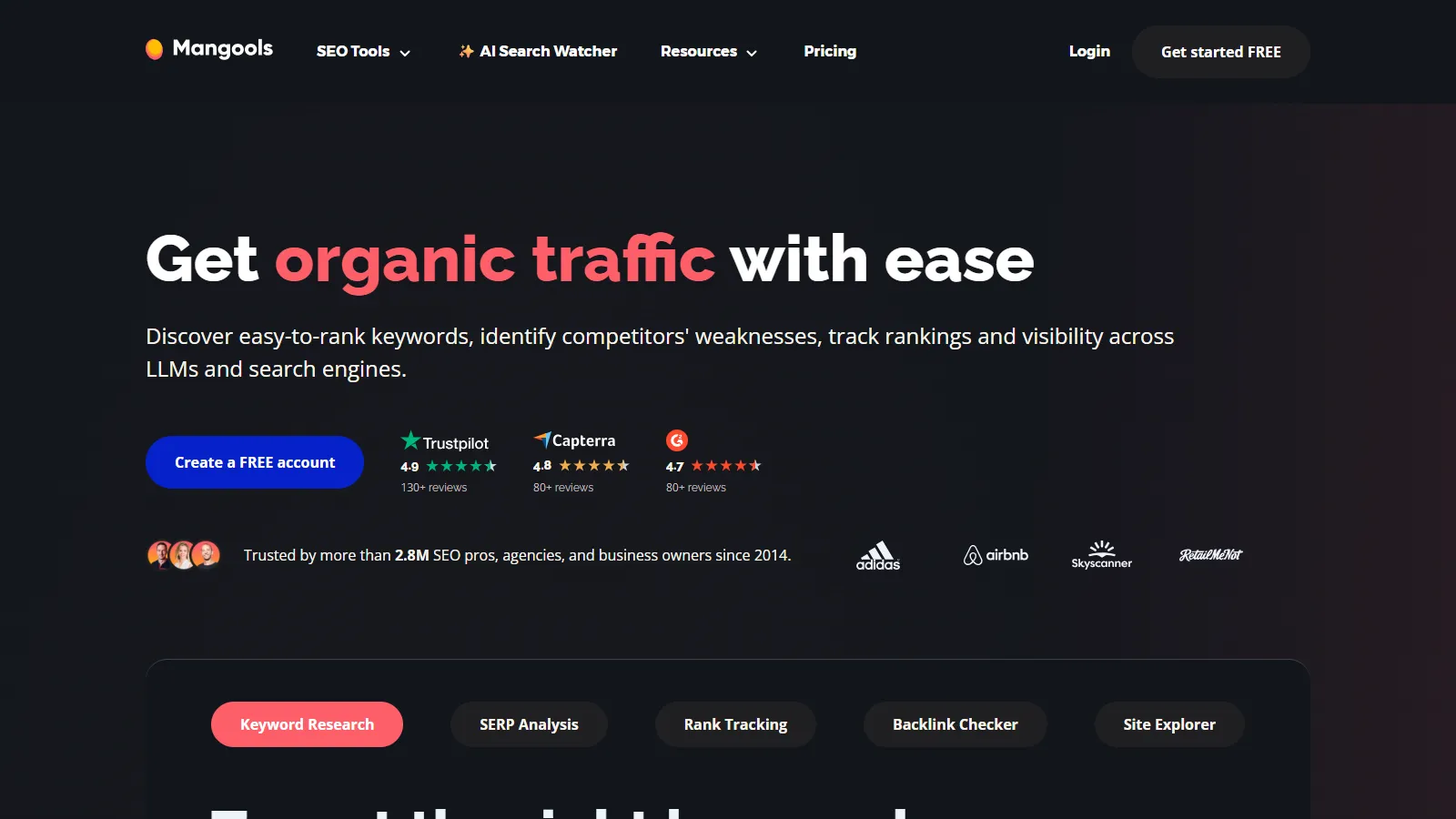 Mangools homepage showing beginner-friendly features