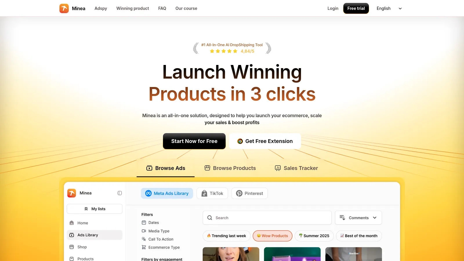 Minea e-commerce ad and product research