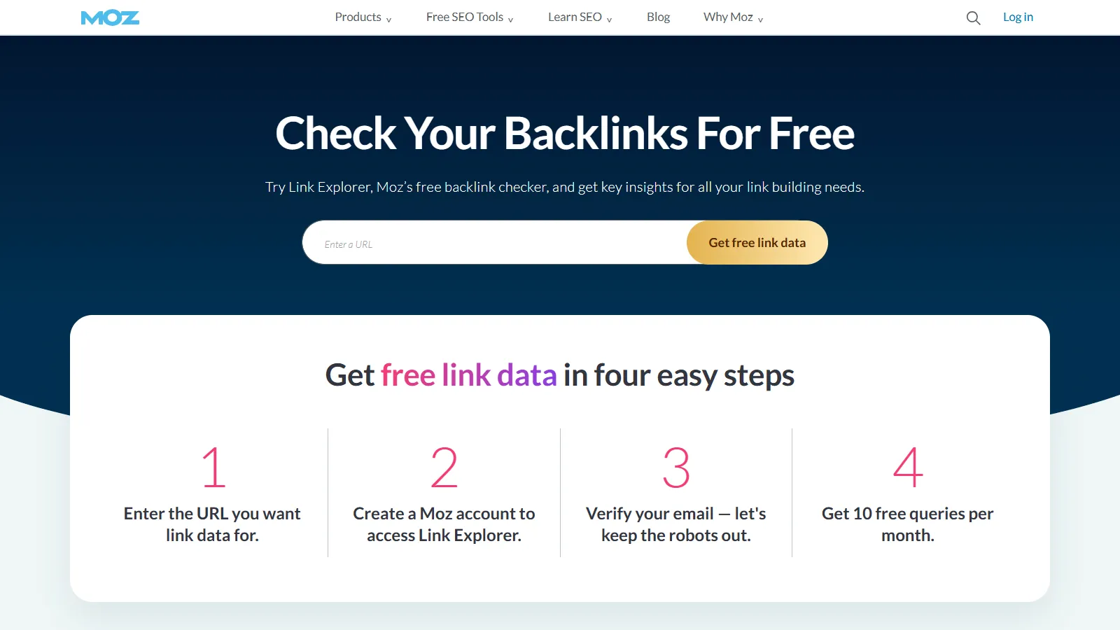 Moz Link Explorer homepage showing domain authority analysis features