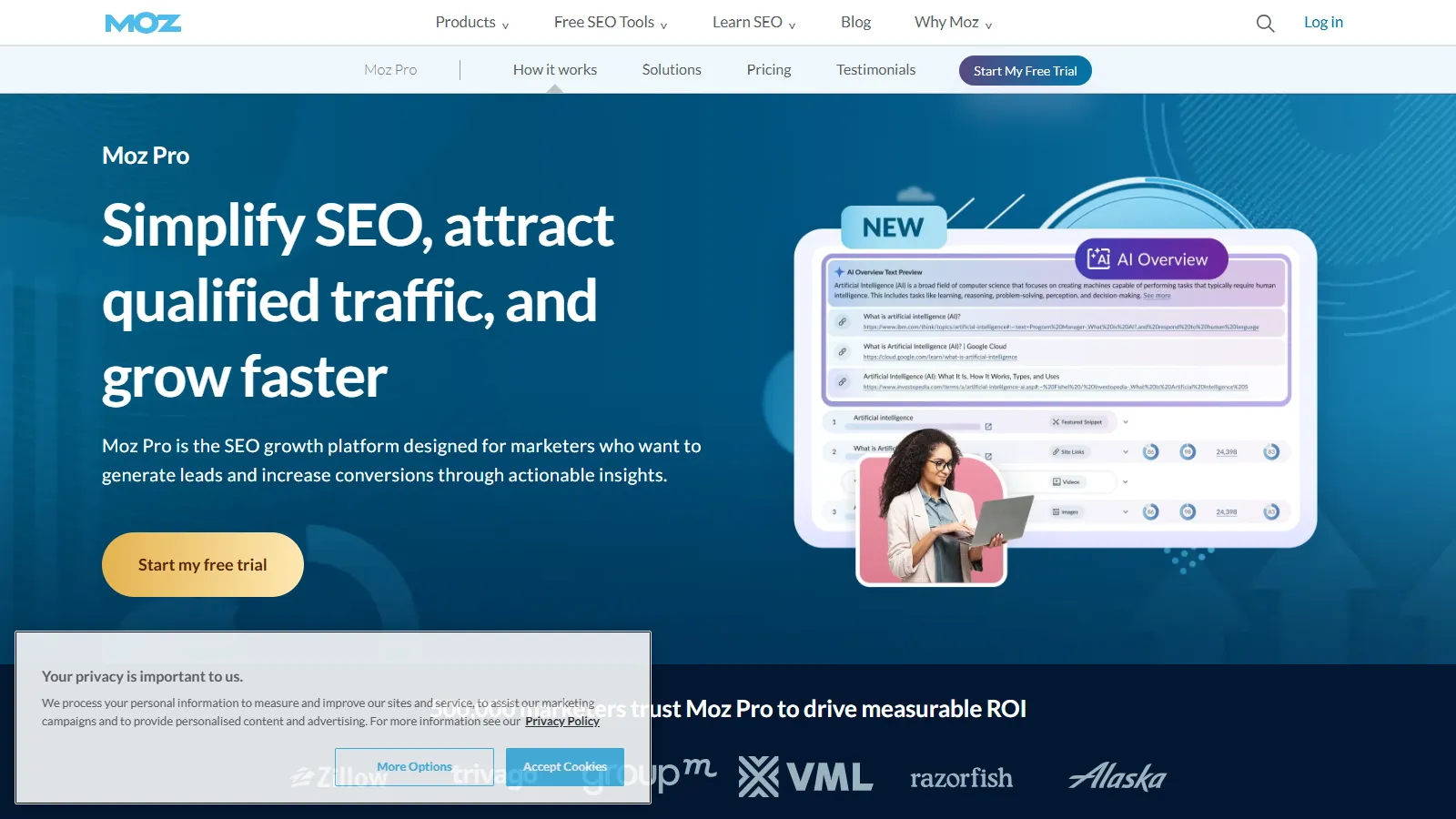 Moz Pro homepage showing domain authority features