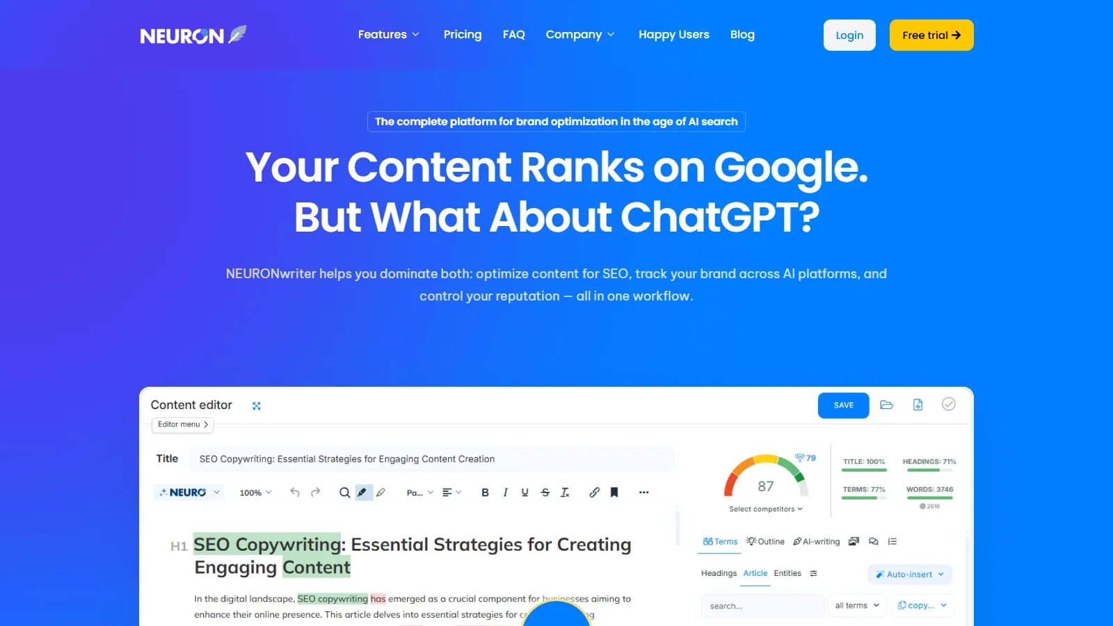 NeuronWriter homepage showing budget nlp tool features
