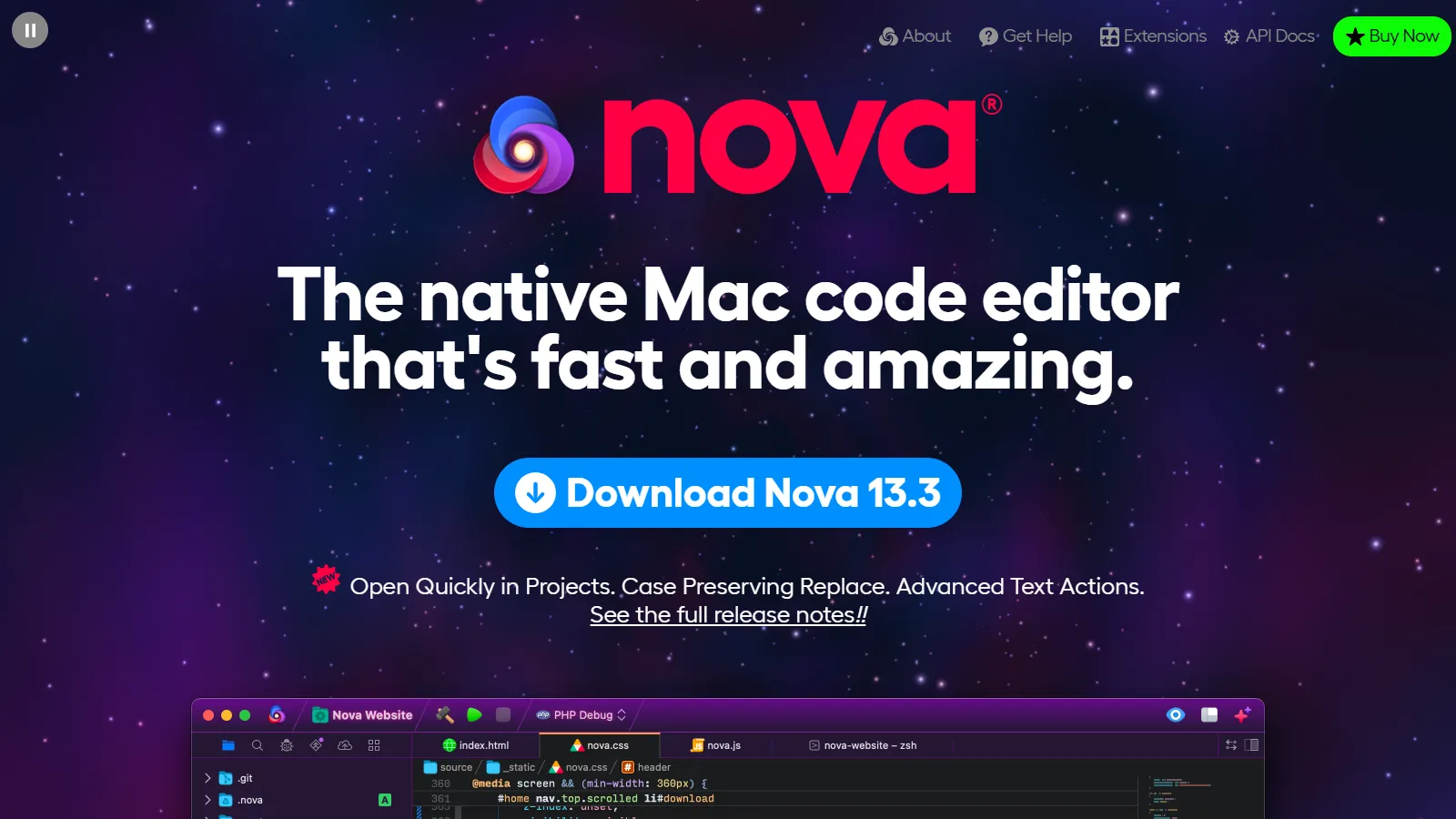 Nova homepage showing mac native features