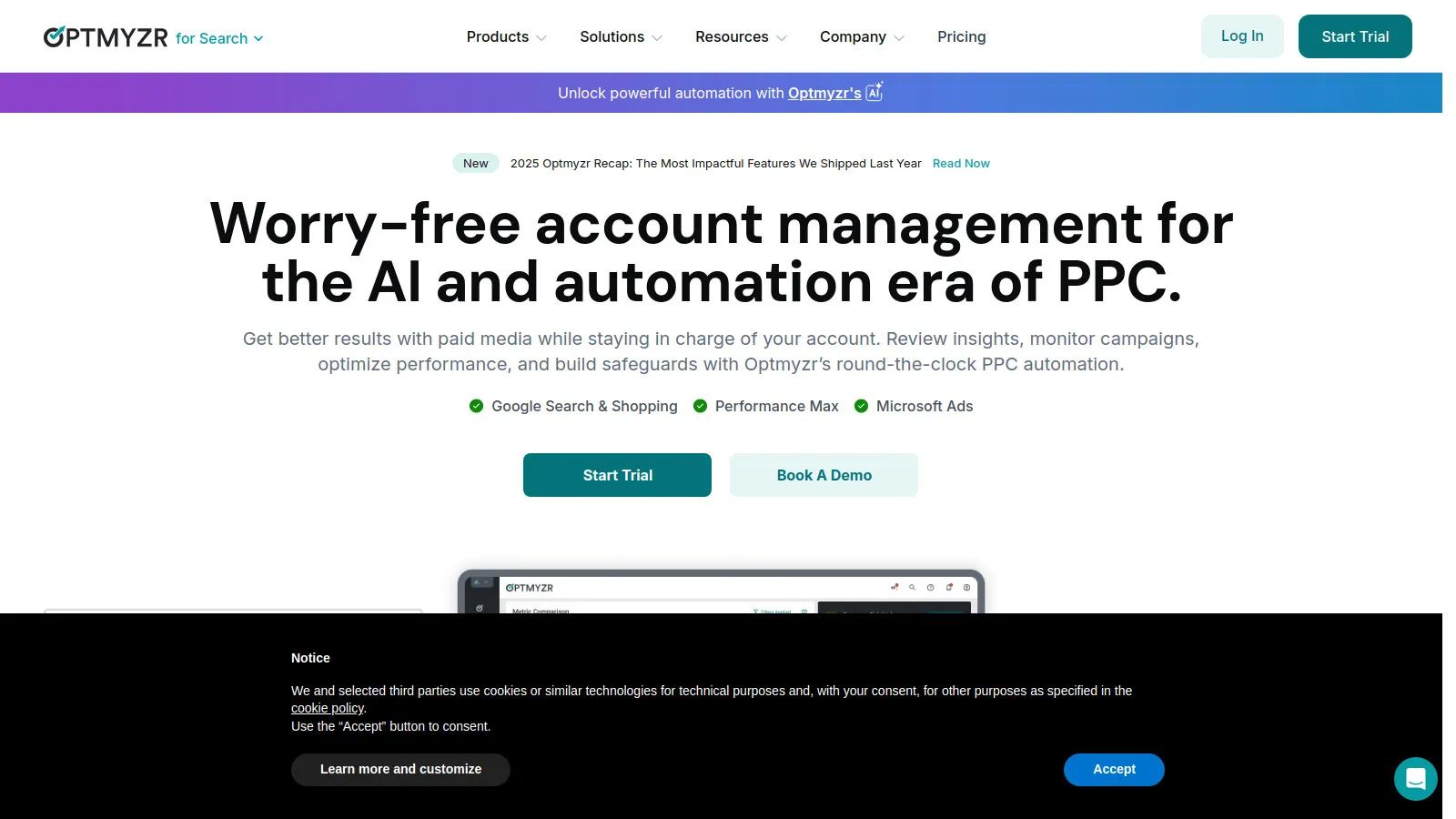 Optmyzr PPC optimization dashboard with automation rules