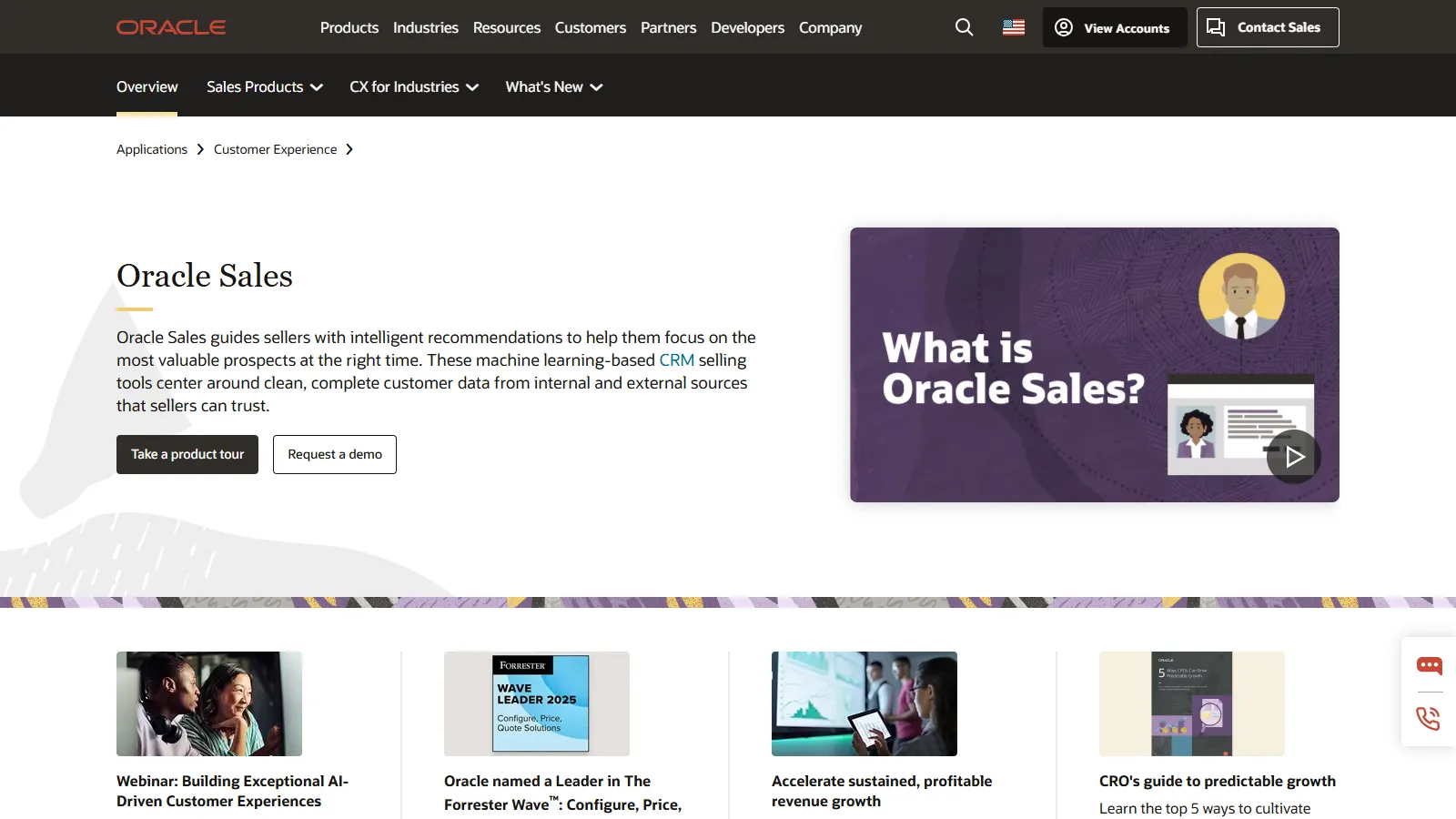 Oracle CX Sales showing AI recommendations, territory analytics, and pipeline dashboard