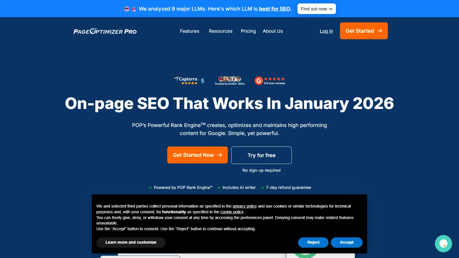 Page Optimizer Pro homepage showing on-page optimization features